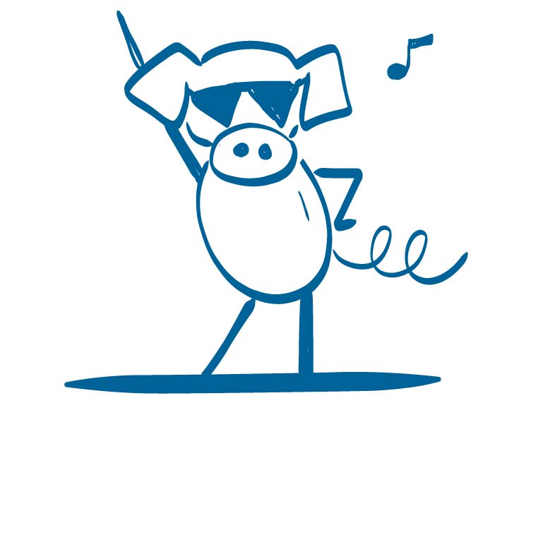 A pig wearing sunglasses with one hand on his hip and the other in the air. 