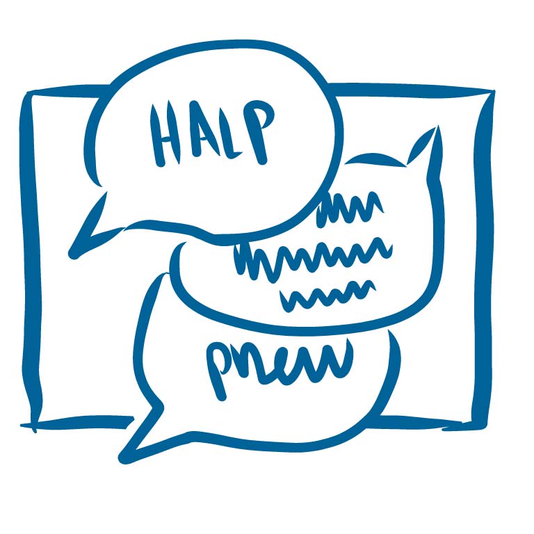 Thought bubbles that say Halp and Phew