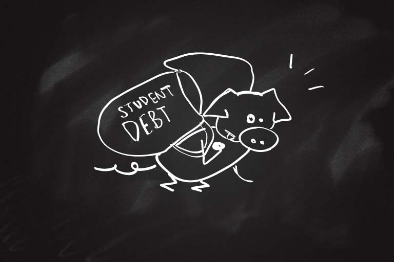 A drawing of a pig lugging a heavy bag labeled "Student Debt."