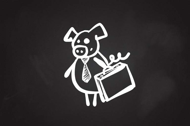 A drawing of a pig wearing a tie and holding a briefcase.