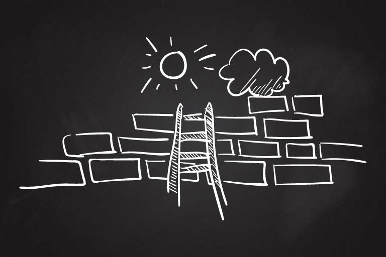 A ladder rests against a brick wall. There is a sun and rain cloud at the top.