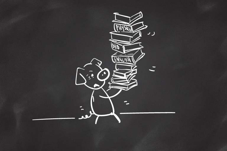 A drawing of a sweating pig holding a giant stack of books.