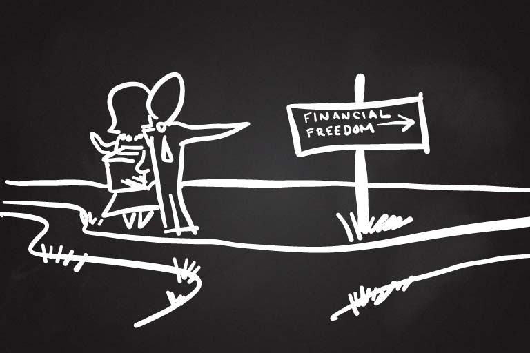 A drawing of two people standing at a crossroads with a sign that reads Financial Freedom pointing to the right.