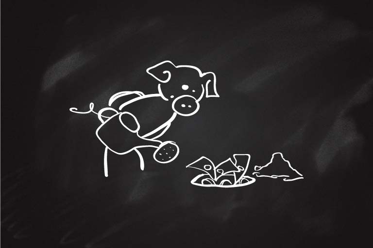 A drawing of a pig holding a watering can over a pile of money in the ground.
