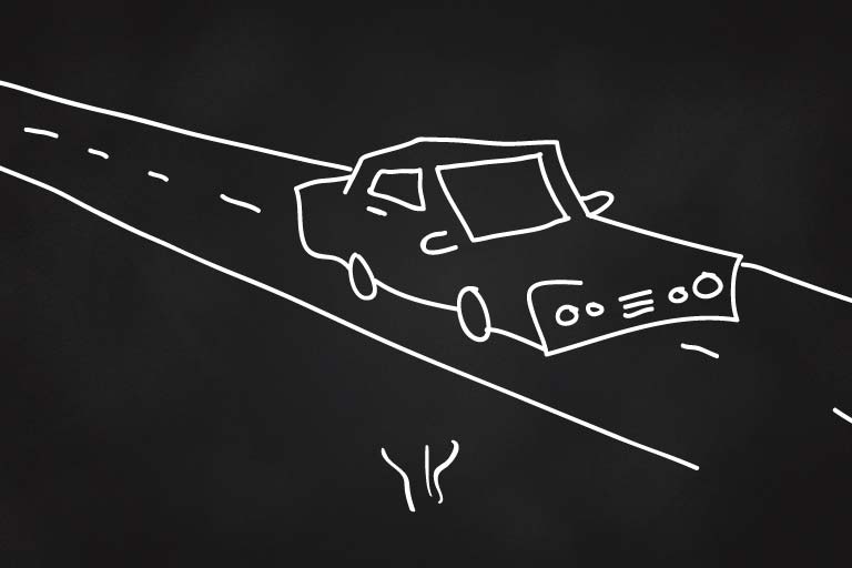 A drawing of a car on a road.