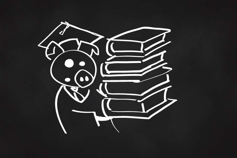 A drawing of a pig wearing a graduation cap holding a pile of books.