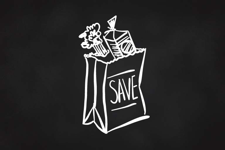 A paper bag full of groceries with the word Save printed on the front