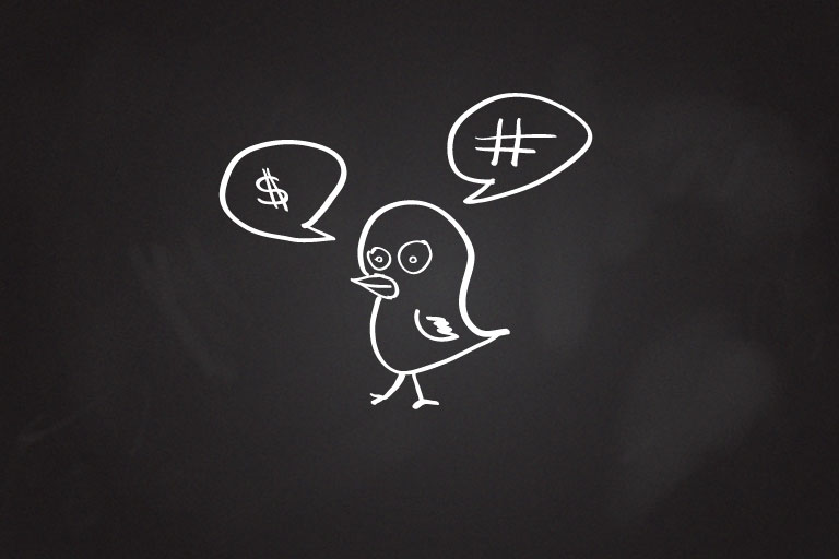 A bird with two thought bubbles, one with a dollar sign in it and one with a hashtag.