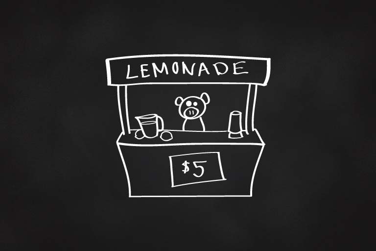 A pig stands behind a lemonade stand