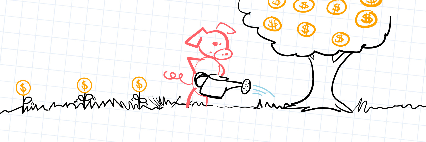 A pig watering a money tree, with little coin sprouts to the left of the pig.
